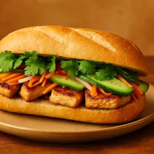 Tofu Vietnamese Banh Mi sandwich with pickled vegetables, cucumber, and cilantro on a plate