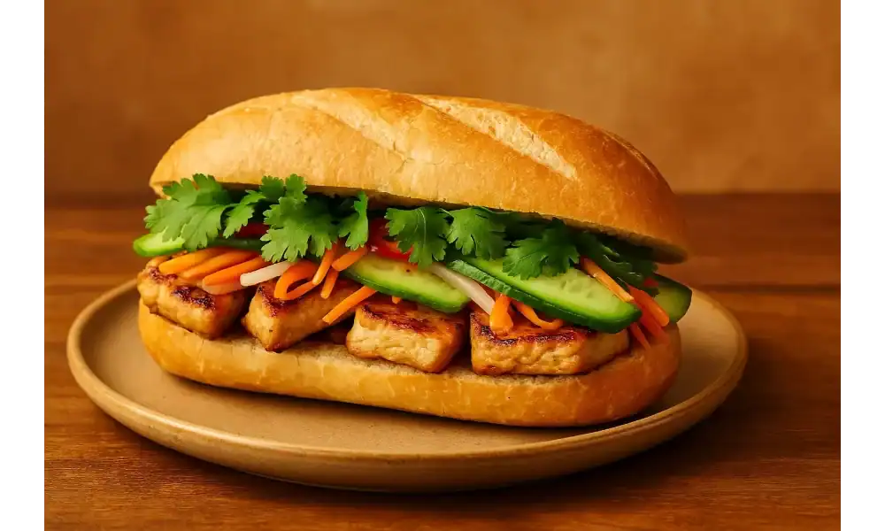 Tofu Vietnamese Banh Mi sandwich with pickled vegetables, cucumber, and cilantro on a plate