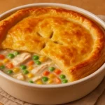 Baked homemade chicken pot pie in a round dish with golden puff pastry crust and creamy filling of chicken and vegetables.