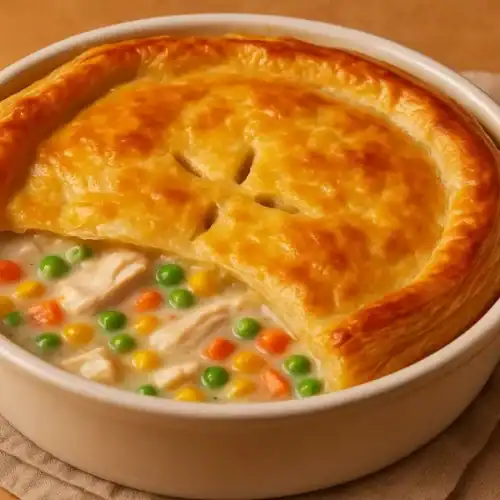 Baked homemade chicken pot pie in a round dish with golden puff pastry crust and creamy filling of chicken and vegetables.