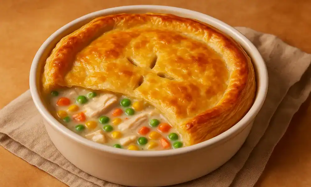 Baked homemade chicken pot pie in a round dish with golden puff pastry crust and creamy filling of chicken and vegetables.