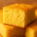 A close-up of a fluffy, moist homemade cornbread square with a golden crust stacked on other cornbread pieces.