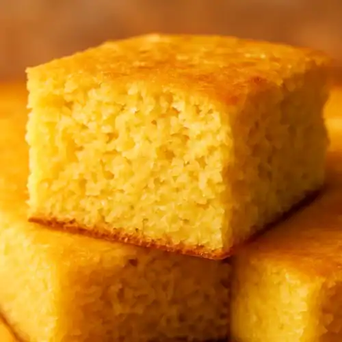 A close-up of a fluffy, moist homemade cornbread square with a golden crust stacked on other cornbread pieces.