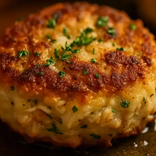 Close-up of a single golden crabcake with crispy crust and fresh parsley on top.