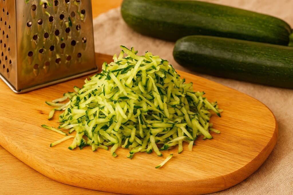 Freshly grated zucchini on a wooden board beside a box grater and whole zucchinis