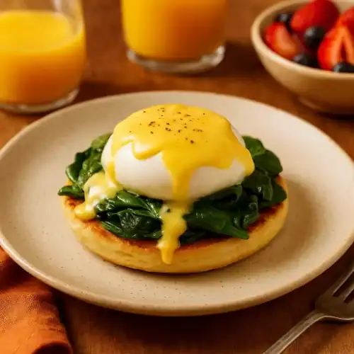 Eggs Florentine served on a toasted muffin with sautéed spinach, poached egg, and hollandaise sauce