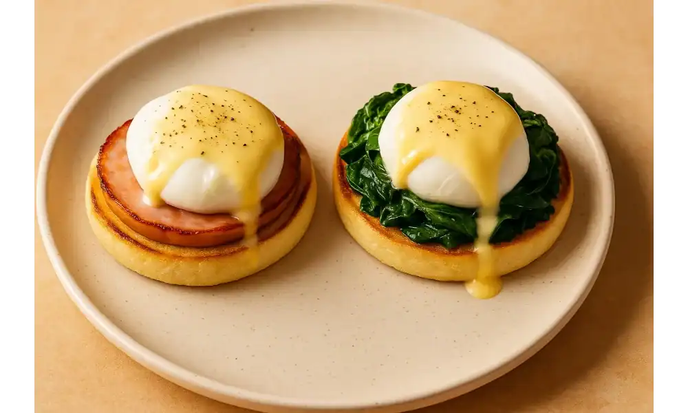 Eggs Benedict and Eggs Florentine served side by side on a plate with warm hollandaise sauce