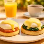 Eggs Benedict and Eggs Florentine served outdoors with juice, coffee, and fruit in a summer brunch setting