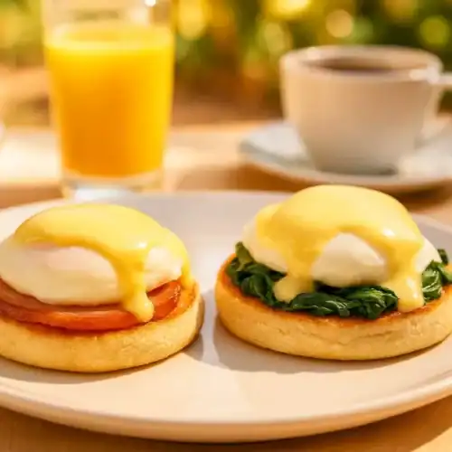 Eggs Benedict and Eggs Florentine served outdoors with juice, coffee, and fruit in a summer brunch setting