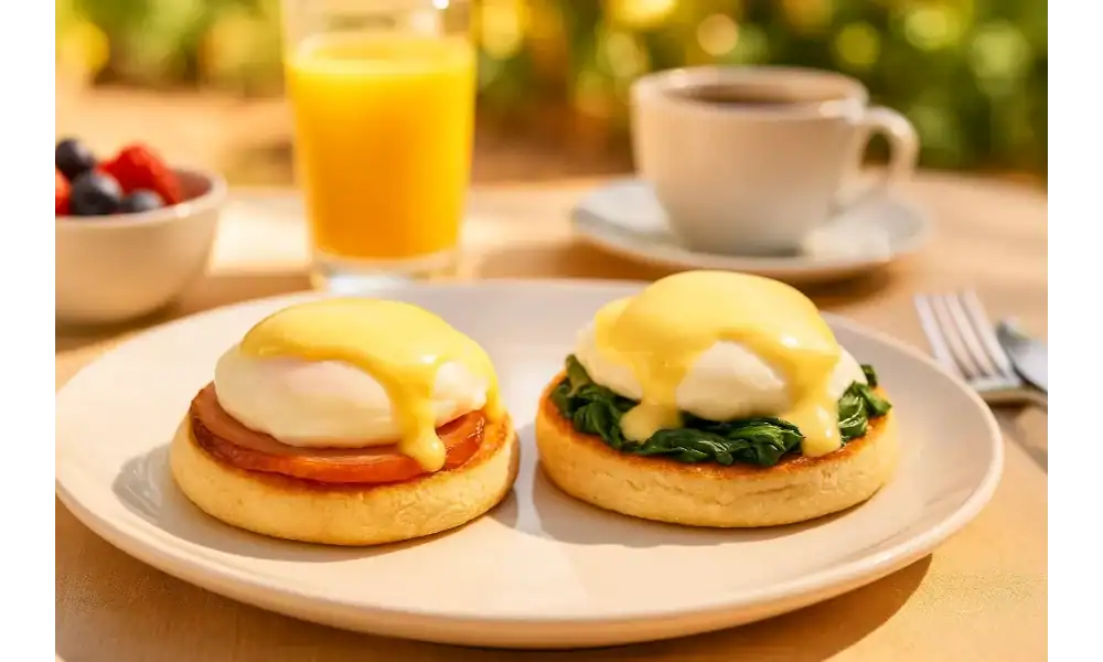 Eggs Benedict and Eggs Florentine served outdoors with juice, coffee, and fruit in a summer brunch setting