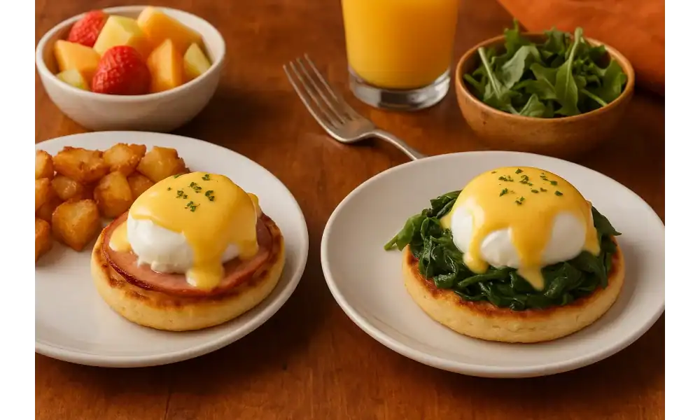 Eggs Benedict and Eggs Florentine served with brunch sides including fruit, potatoes, greens, and orange juice