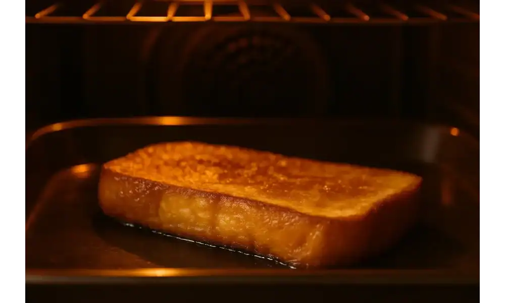Pain Perdu slice baking in an oven on a dark tray with warm lighting