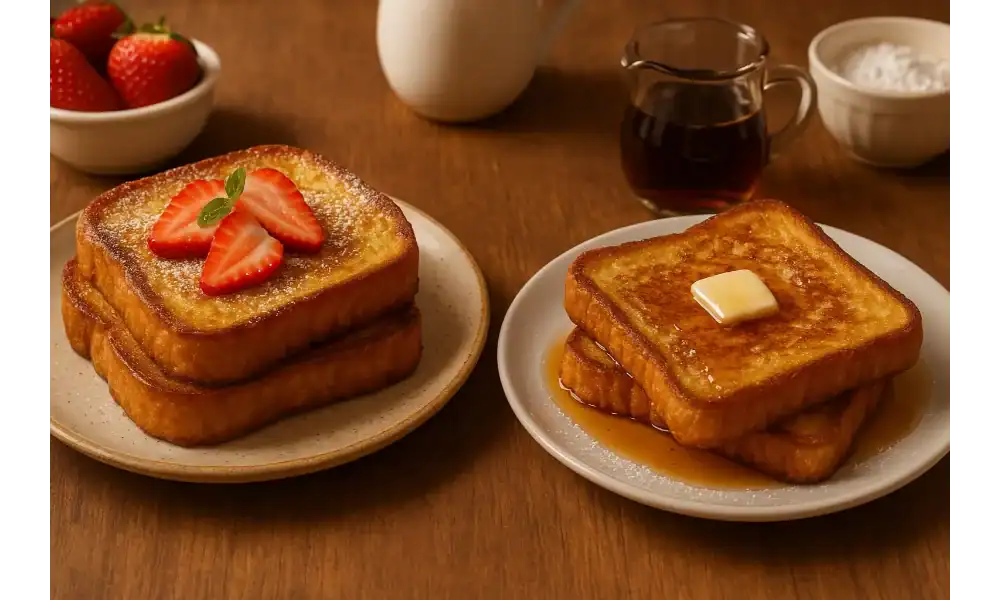 Two plates of French toast on a wooden table, one topped with strawberries and powdered sugar (Pain Perdu), the other with butter and maple syrup (American-style French Toast)