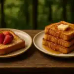 Two plates of French toast outdoors, one with strawberries and one with butter and syrup, set against a forest background