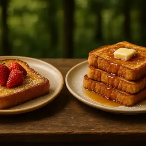 Two plates of French toast outdoors, one with strawberries and one with butter and syrup, set against a forest background