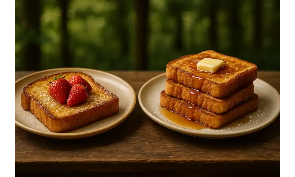 Two plates of French toast outdoors, one with strawberries and one with butter and syrup, set against a forest background