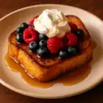 Pain Perdu topped with whipped cream, raspberries, blueberries, and maple syrup on a ceramic plate