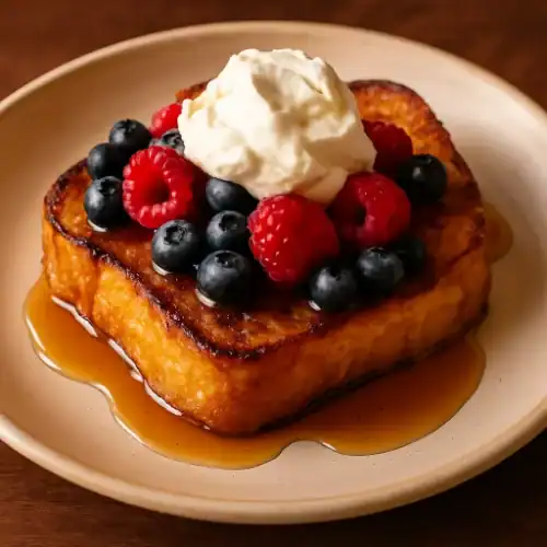 Pain Perdu topped with whipped cream, raspberries, blueberries, and maple syrup on a ceramic plate