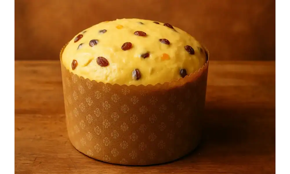 Unbaked panettone dough in a paper mold, ready for baking