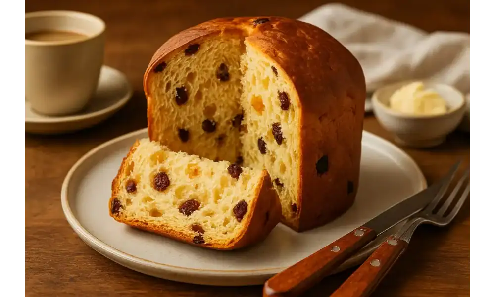 Sliced panettone on a plate served with coffee and butter