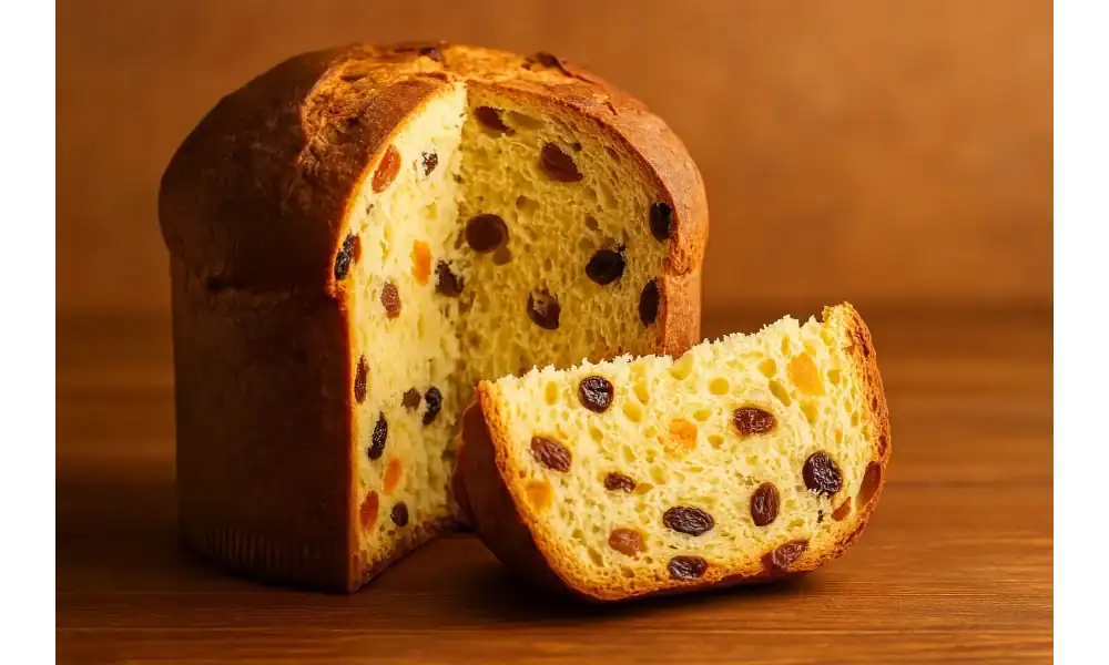 Freshly baked panettone sliced open on a wooden surface with warm tones