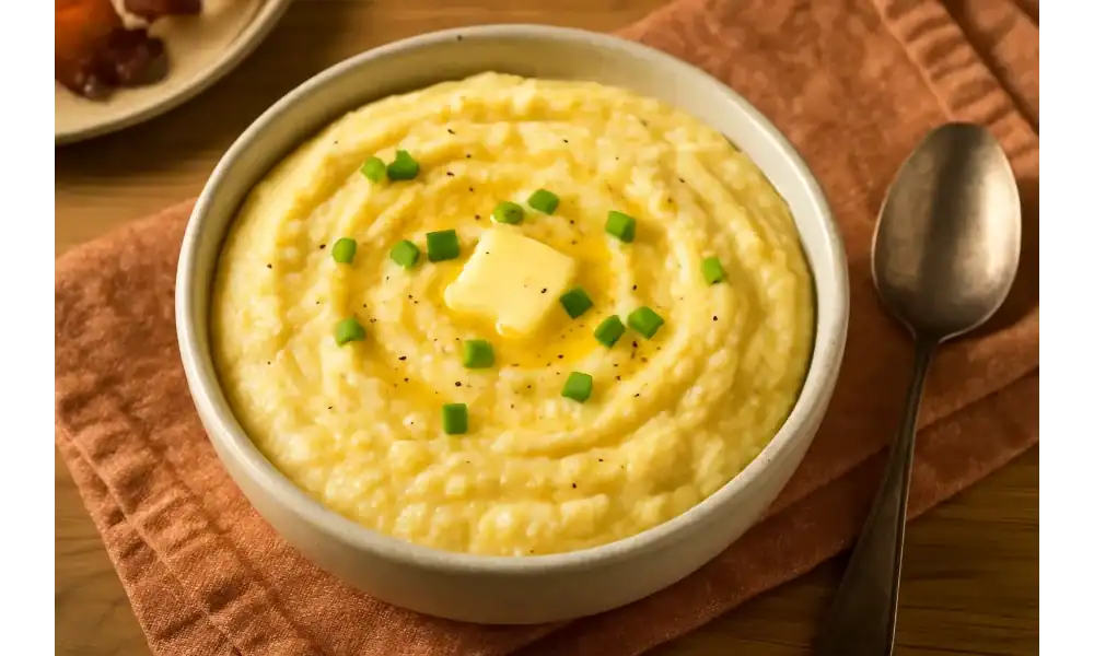 Bowl of creamy potato grits topped with butter and green onions, with a spoon on the side
