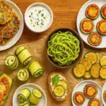 A variety of zucchini dishes including fritters, zoodles, roll-ups, and mini pizzas