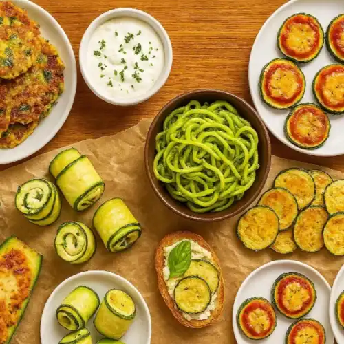 A variety of zucchini dishes including fritters, zoodles, roll-ups, and mini pizzas