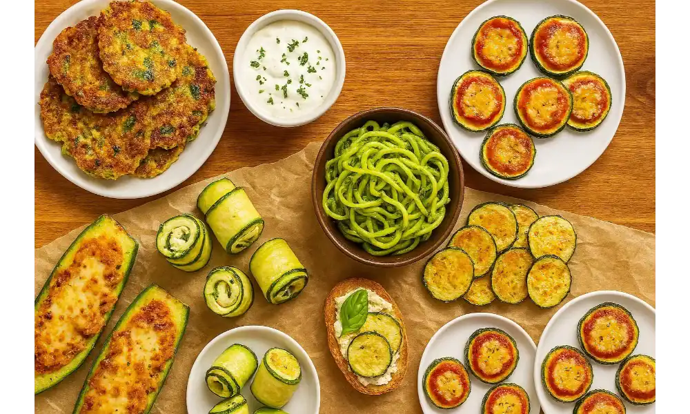 A variety of zucchini dishes including fritters, zoodles, roll-ups, and mini pizzas