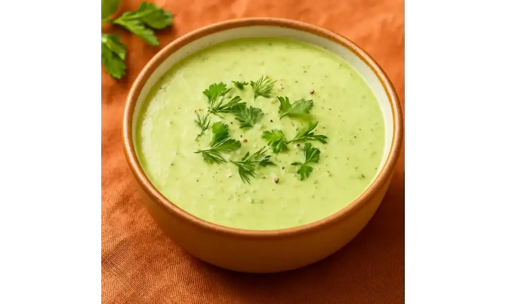 Chilled zucchini soup with fresh herbs in a brown ceramic bowl