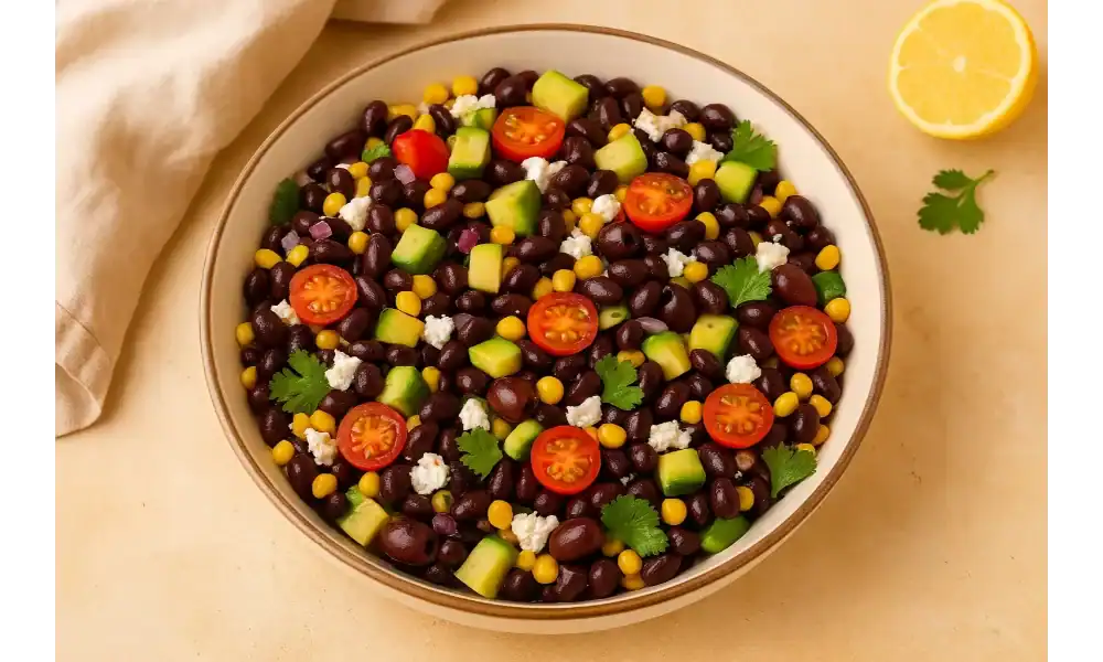 A bowl of vibrant black bean and corn salad with cherry tomatoes, diced cucumber, corn, feta, and fresh cilantro.
