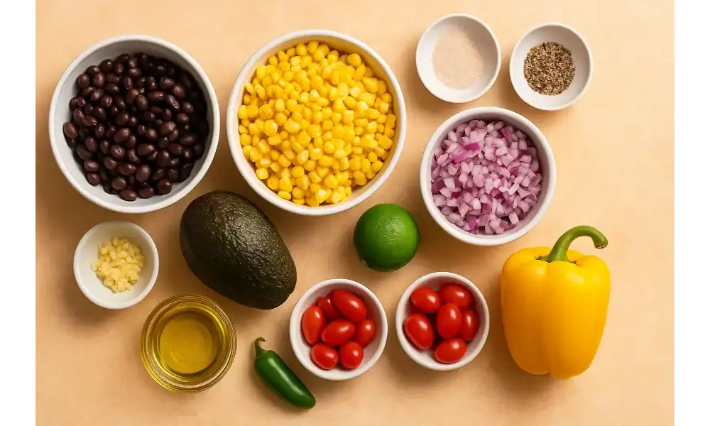 Flat lay of fresh ingredients for black bean and corn salad including beans, corn, onion, avocado, and spices.