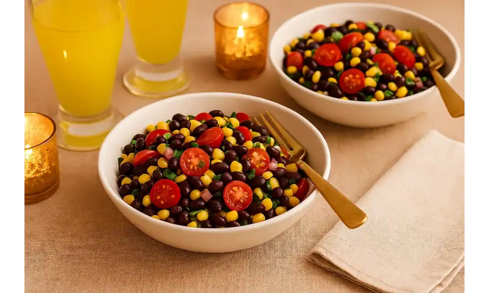 Two bowls of black bean and corn salad served with gold forks, candles, and non-alcoholic drinks on a cozy table.