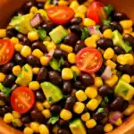 Close-up of black bean and corn salad with avocado, cherry tomatoes, red onion, and fresh cilantro.