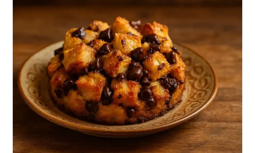 Close-up of chocolate chip bread pudding on a patterned plate, served on a rustic wooden table.