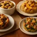 A variety of individual bread puddings, including chocolate chip, spinach and cheese, peach, and classic raisin, served on small plates over a wooden table with warm lighting.