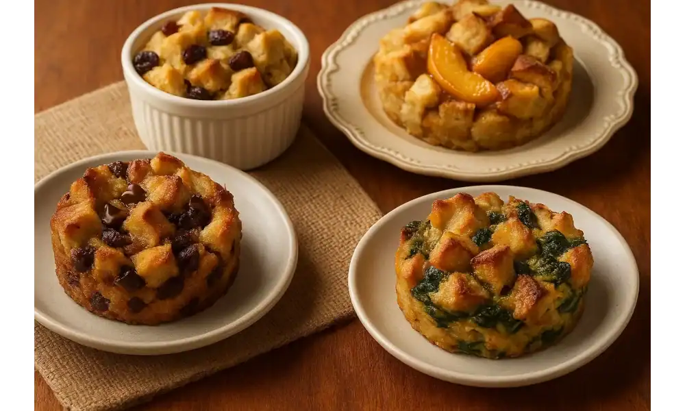 A variety of individual bread puddings, including chocolate chip, spinach and cheese, peach, and classic raisin, served on small plates over a wooden table with warm lighting.