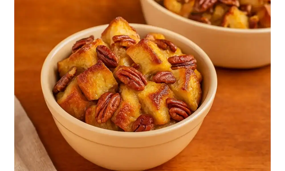 Maple pecan bread pudding in a beige bowl, with golden-brown bread cubes and toasted pecans on a wooden table.