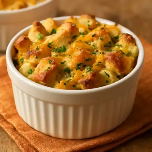 Cheddar and herb bread pudding baked in a white ramekin, topped with melted cheese and chopped parsley.