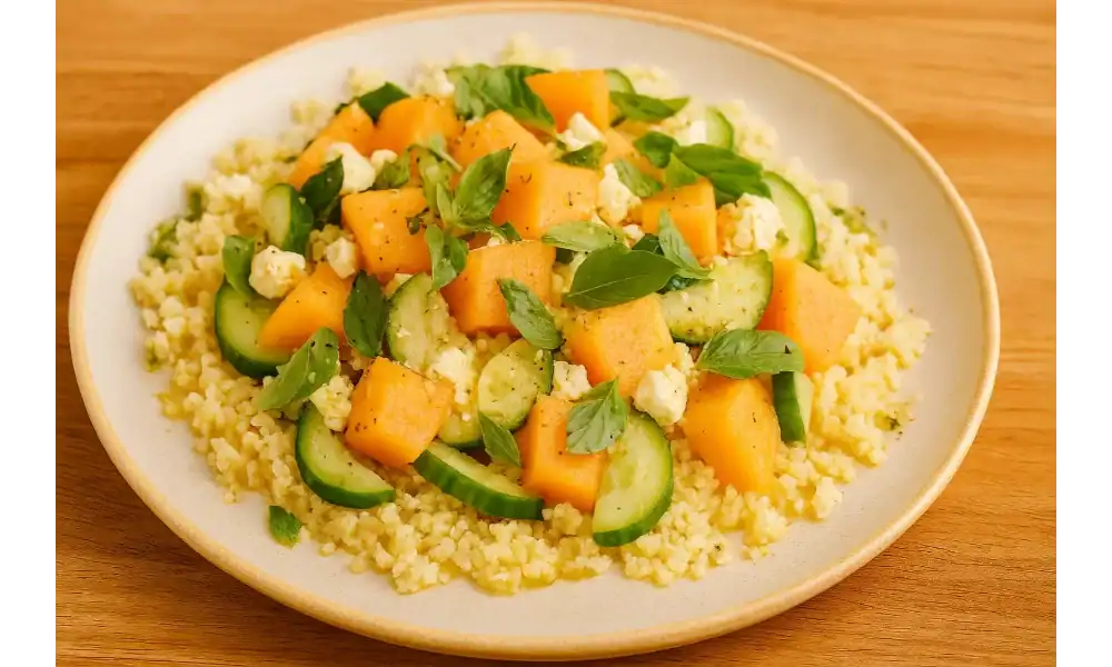 Cantaloupe salad with cucumber, feta, and herbs served over couscous on a white plate
