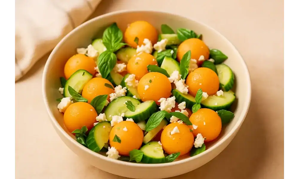 Cantaloupe balls with cucumber slices, feta, and fresh basil in a ceramic bowl