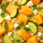 Close-up of cantaloupe salad with couscous, cucumber, feta, and mint