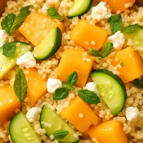 Close-up of cantaloupe salad with couscous, cucumber, feta, and mint
