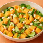 Cantaloupe salad with cucumber, feta, and fresh basil in a large white bowl