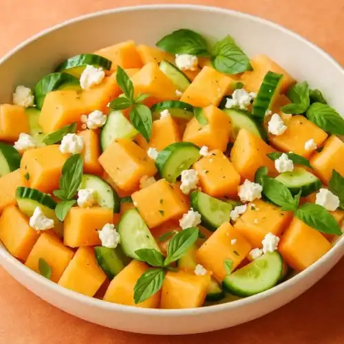 Cantaloupe salad with cucumber, feta, and fresh basil in a large white bowl