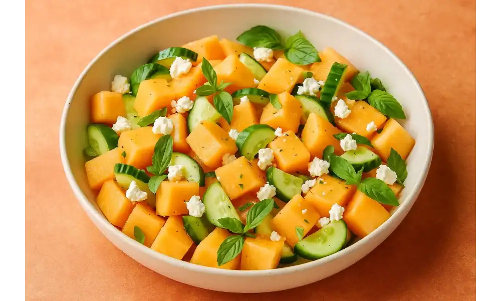 Cantaloupe salad with cucumber, feta, and fresh basil in a large white bowl