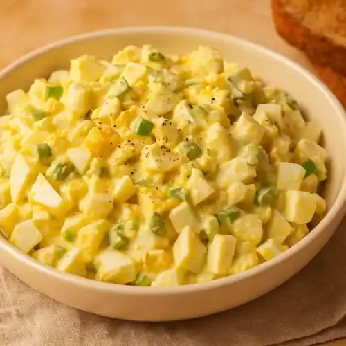 Close-up of classic egg salad in a cream bowl, served with chopped green onions and a side of toasted bread.
