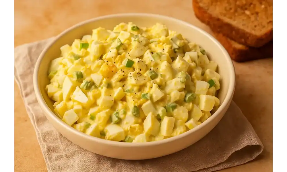 Close-up of classic egg salad in a cream bowl, served with chopped green onions and a side of toasted bread.