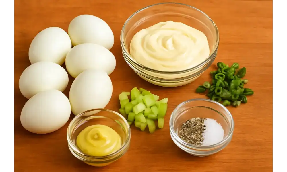 Ingredients for classic egg salad arranged on a wooden surface, including boiled eggs, mayonnaise, mustard, celery, green onions, salt, and pepper.