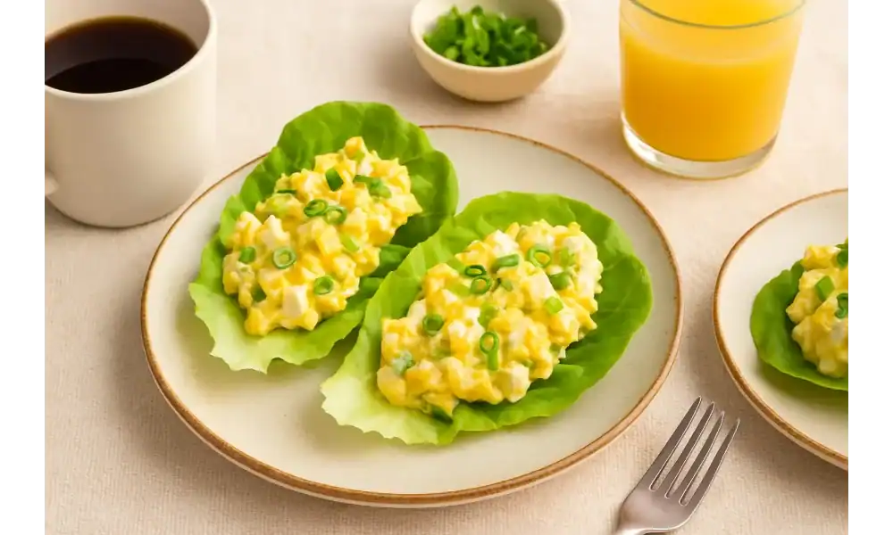 Two plates with lettuce cups filled with creamy egg salad, served with coffee and orange juice on a breakfast table.